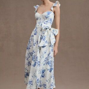 NEW V. Chapman Vera Ruffle-Strap Corset Side-Slit Midi Dress in Blue Floral